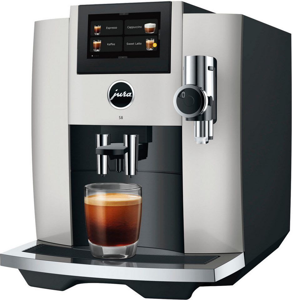JURA Kaffeevollautomat 15483 S8 (EB), Platin, 27 Spezialitäten, Touch, Sweet Foam & Sirupaufsatz silberfarben