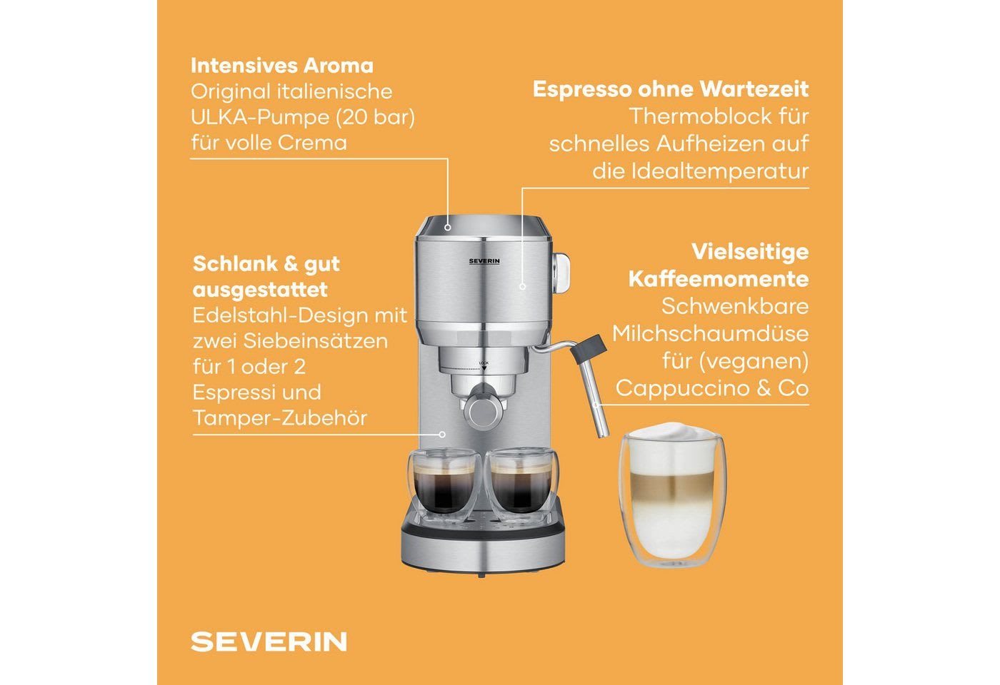 Severin Siebträgermaschine KA 5997 Espressomaschine „Newspresa“, Espressomaschine, italienische ULKA-Pumpe 20 Bar, Milchaufschäumdüse schwarz