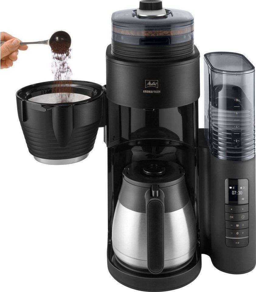 Melitta Kaffeemaschine mit Mahlwerk 1030-12, 1l Kaffeekanne, Papierfilter 1x4 schwarz|silberfarben