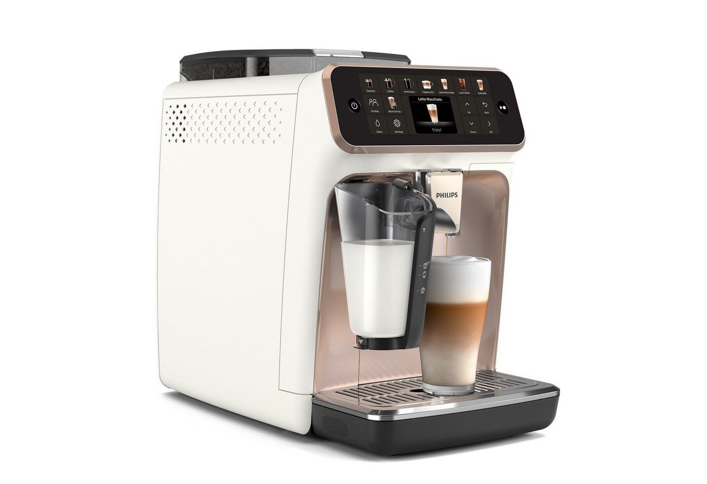 Philips Kaffeevollautomat EP5543/80 5500 Series, 20 Kaffeespezialitäten (heiß oder eisgekühlt), LatteGo-Milchsystem, SilentBrew Technologie weiß