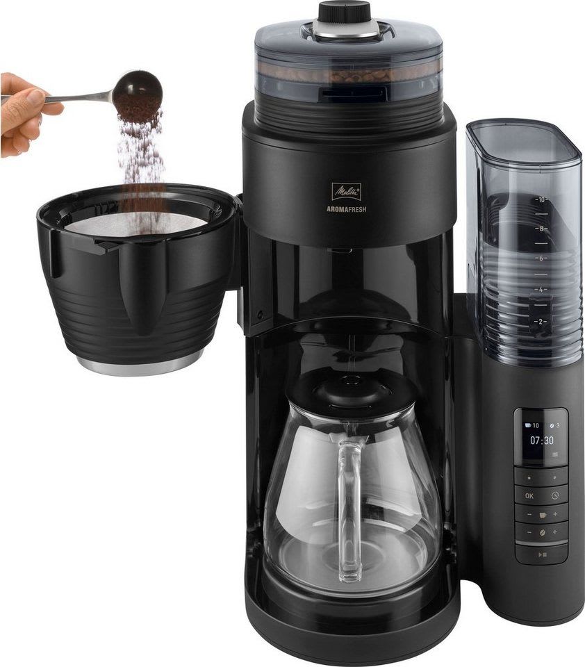 Melitta Kaffeemaschine mit Mahlwerk 1030-02, 1,25l Kaffeekanne, Papierfilter 1x4 schwarz|silberfarben