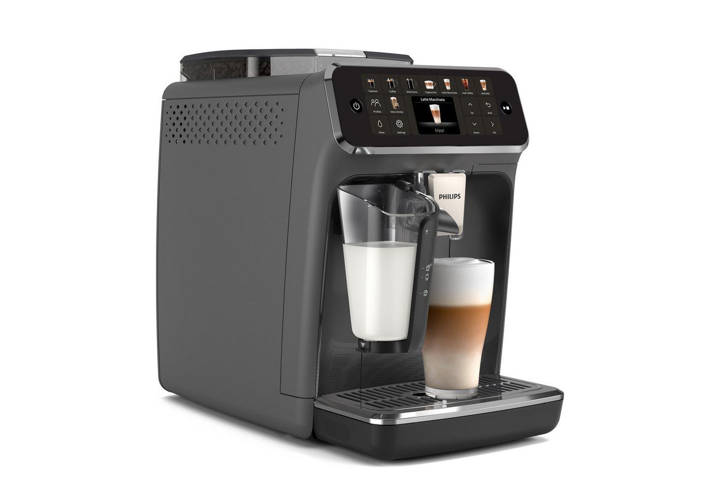 Philips Kaffeevollautomat EP5544/50 5500 Series, 20 Kaffeespezialitäten (heiß oder eisgekühlt), LatteGo-Milchsystem, SilentBrew Technologie grau|schwarz
