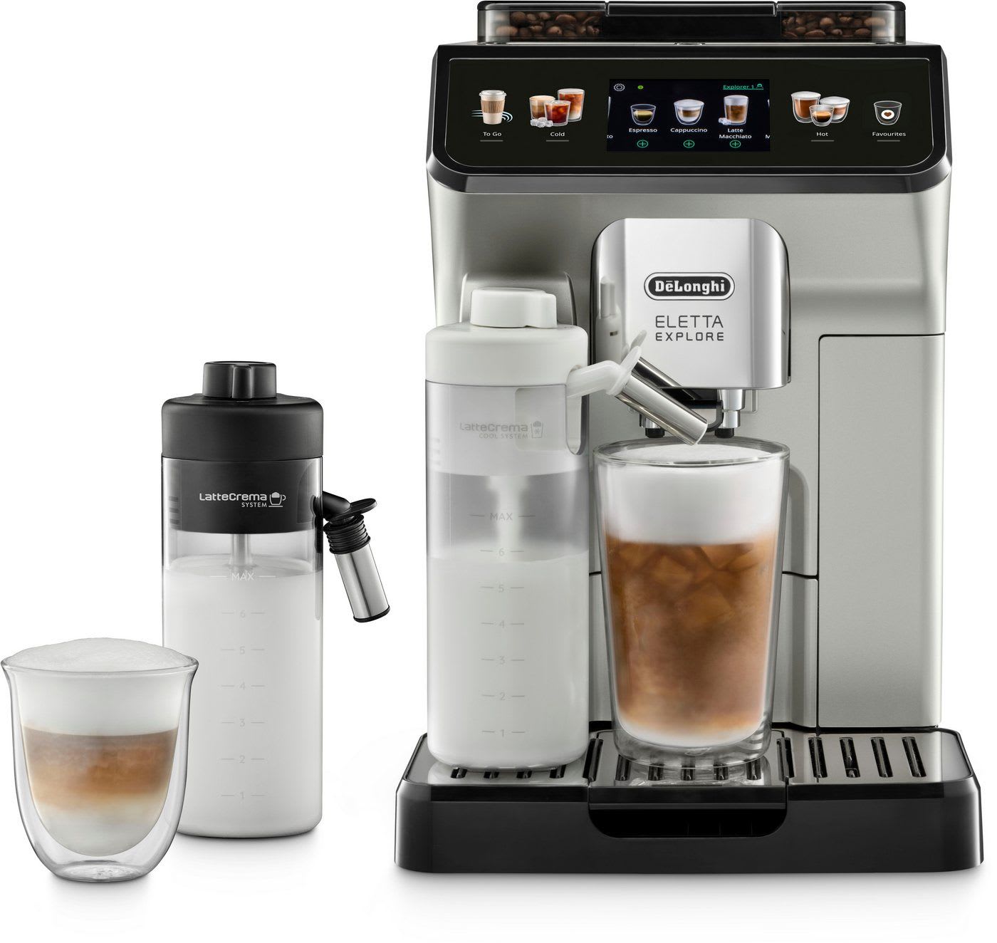 De'Longhi Kaffeevollautomat Eletta Explore ECAM450.55.S - 40 Rezepte, heißer & kalter Milchschaum, 3,5" Touch-Display, herausnehmbare Brühgruppe, einstellbarer Mahlgrad silberfarben