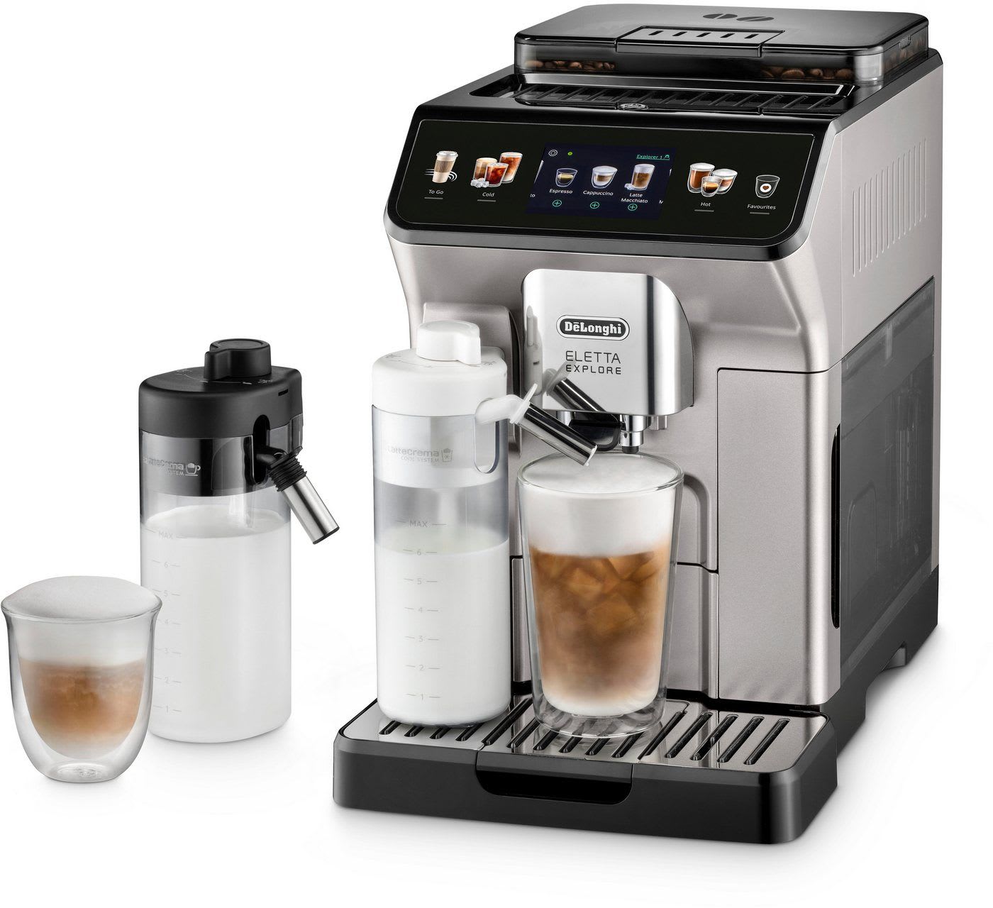 De'Longhi Kaffeevollautomat Eletta Explore ECAM450.55.S - 40 Rezepte, heißer & kalter Milchschaum, 3,5" Touch-Display, herausnehmbare Brühgruppe, einstellbarer Mahlgrad silberfarben