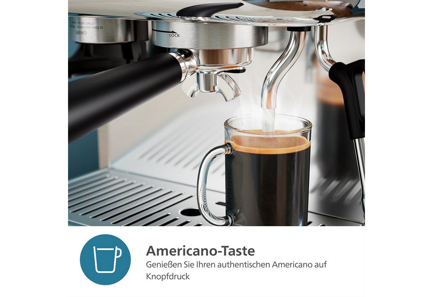 Philips Espressomaschine PSA3218/01 Barista Brew, halbautomatisch, mit 250-g-Bohnenbehälter, Korbfilter, Siebträger und Milchkanne aus Edelstahl, Silber silberfarben