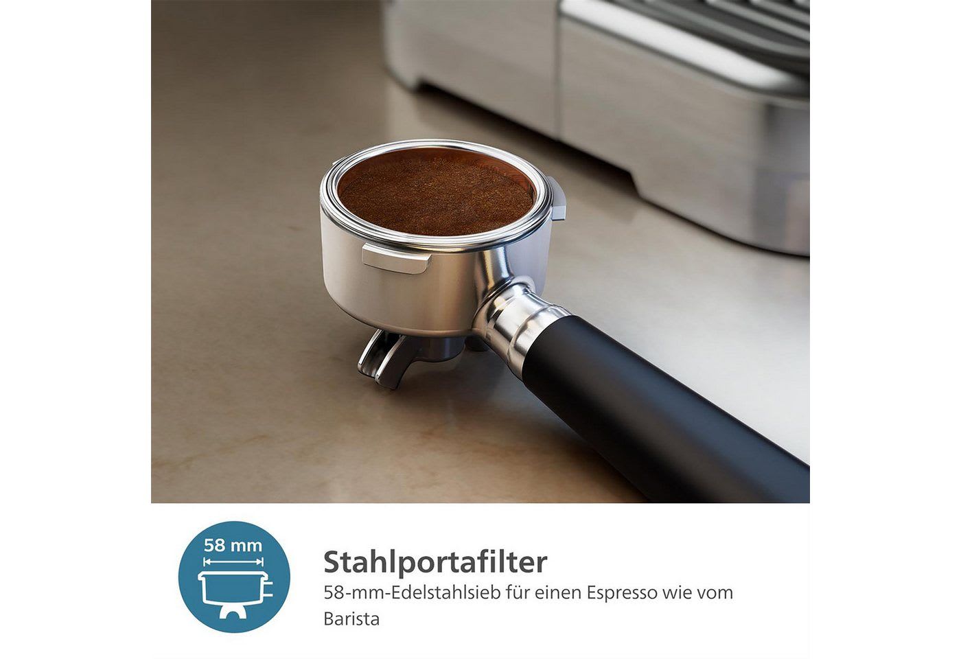 Philips Espressomaschine PSA3218/01 Barista Brew, halbautomatisch, mit 250-g-Bohnenbehälter, Korbfilter, Siebträger und Milchkanne aus Edelstahl, Silber silberfarben