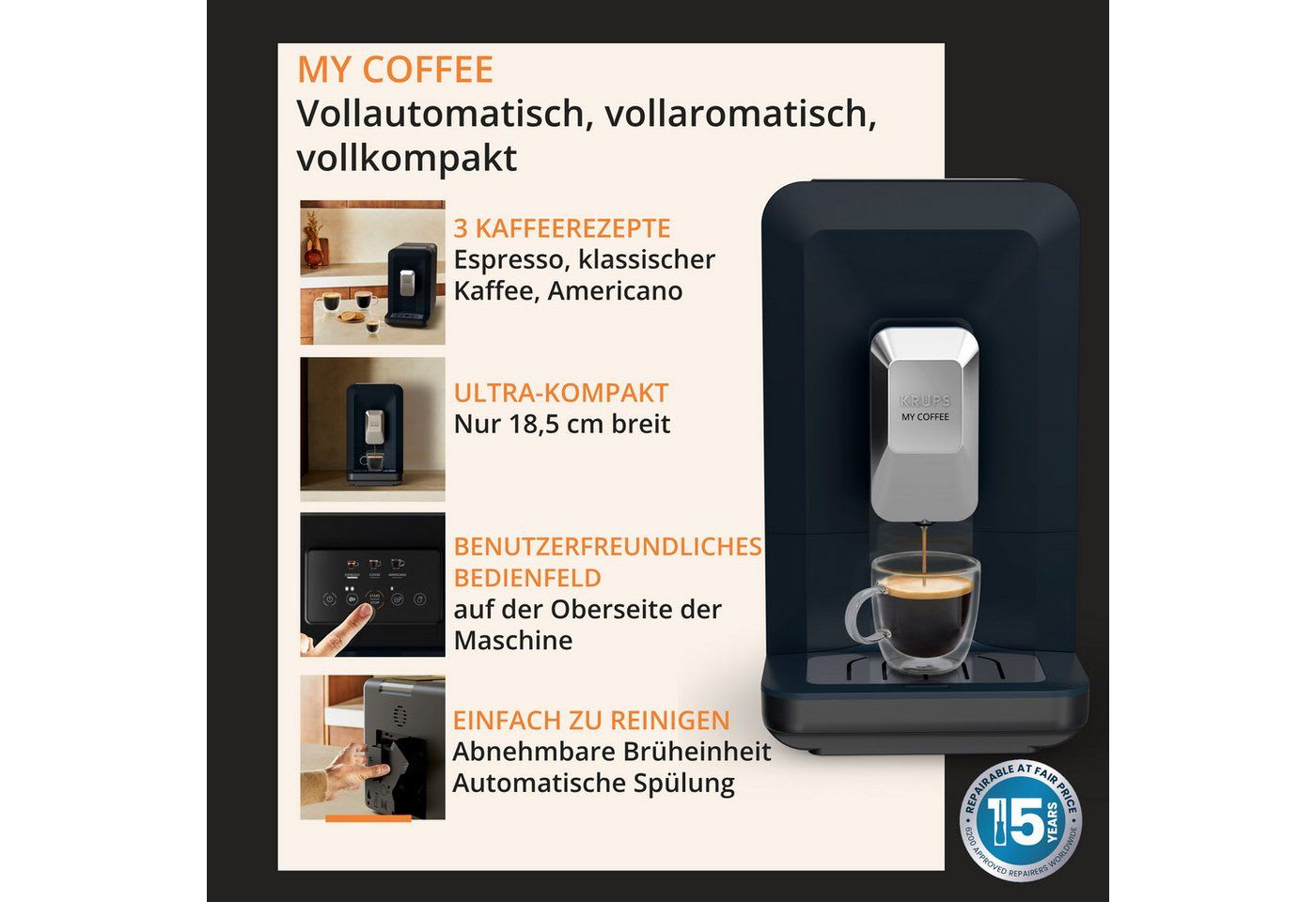 Krups Kaffeevollautomat EA2004 My Coffee, super-kompakt, 3 Rezepte, Touchpanel, einfache Reinigung und Pflege blau|schwarz