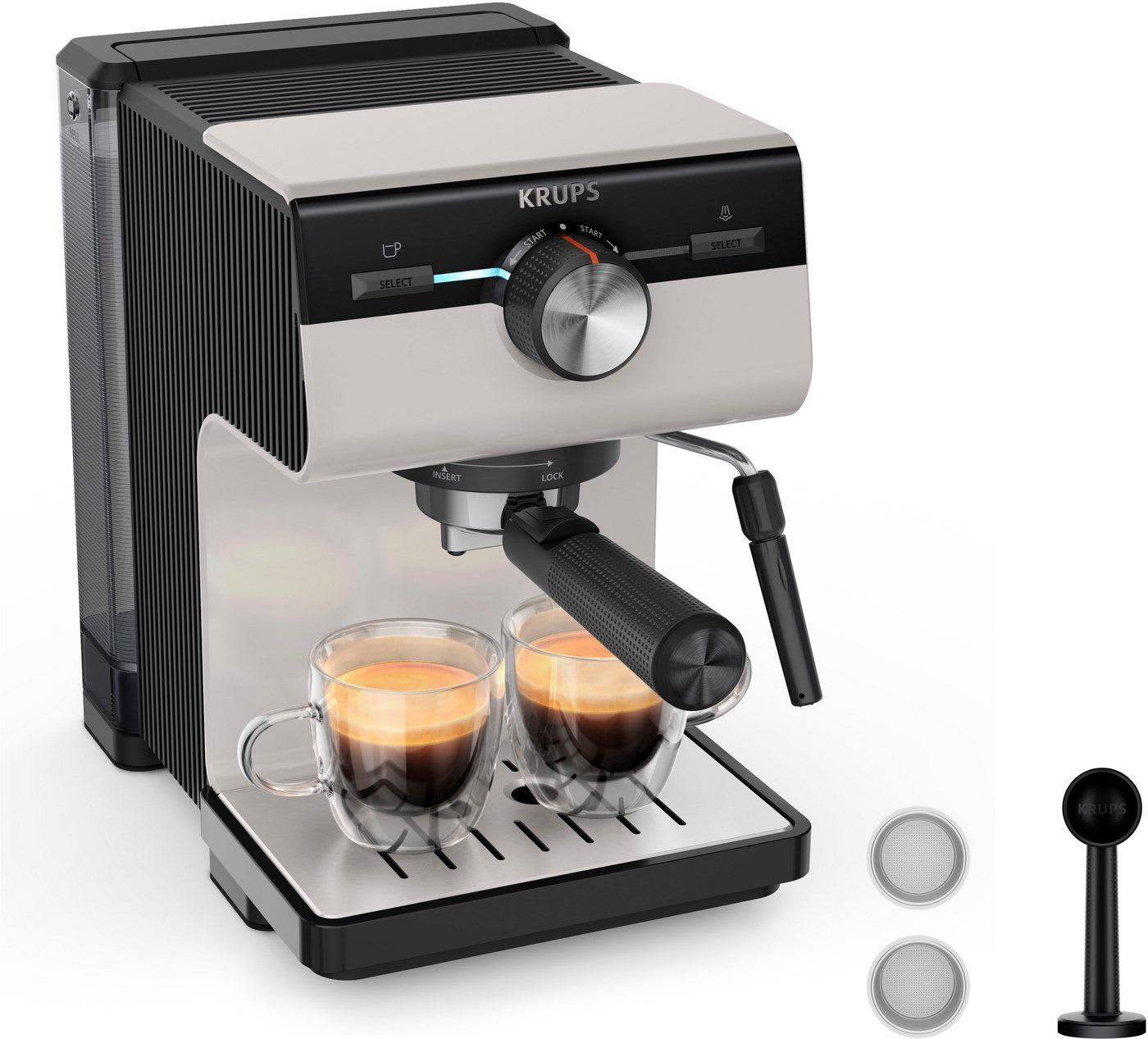 Krups Espressomaschine XP381B Authentic, Siebtäger, intuitives Bedienfeld, Milch-Aufschäumdüse, 2 Siebeinsätze grau