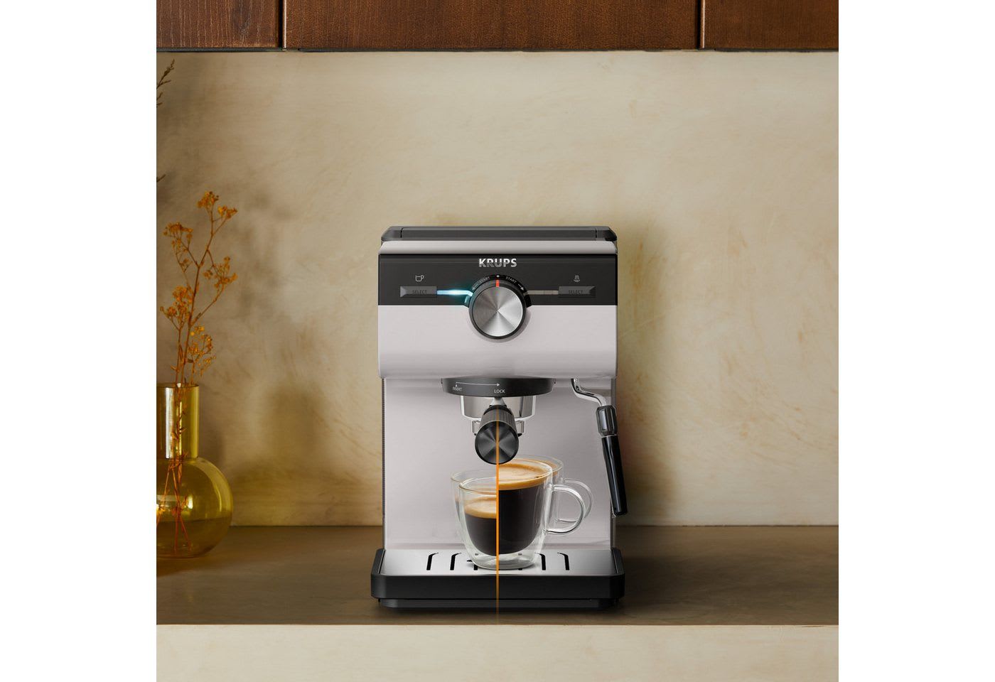 Krups Espressomaschine XP381B Authentic, Siebtäger, intuitives Bedienfeld, Milch-Aufschäumdüse, 2 Siebeinsätze grau