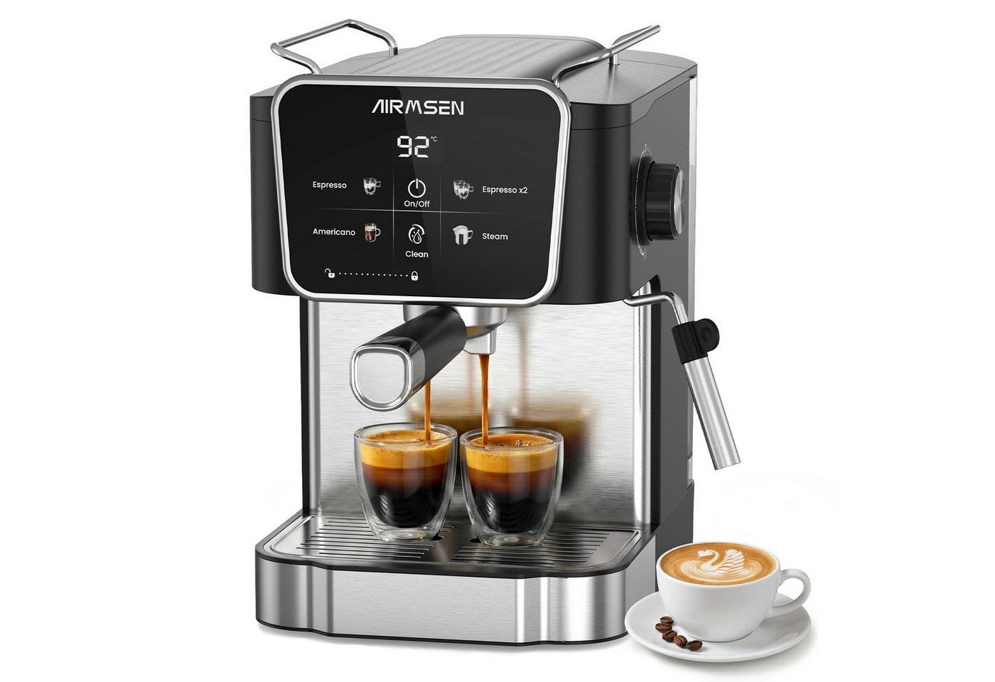 Airmsen Espressomaschine 20 Bar Siebträgermaschinen mit Milchaufschäumdüse,LCD-Touchscreen, 1.8L Wassertank, für Espresso, Cappuccino & Latte Macchiato für Zuhause
