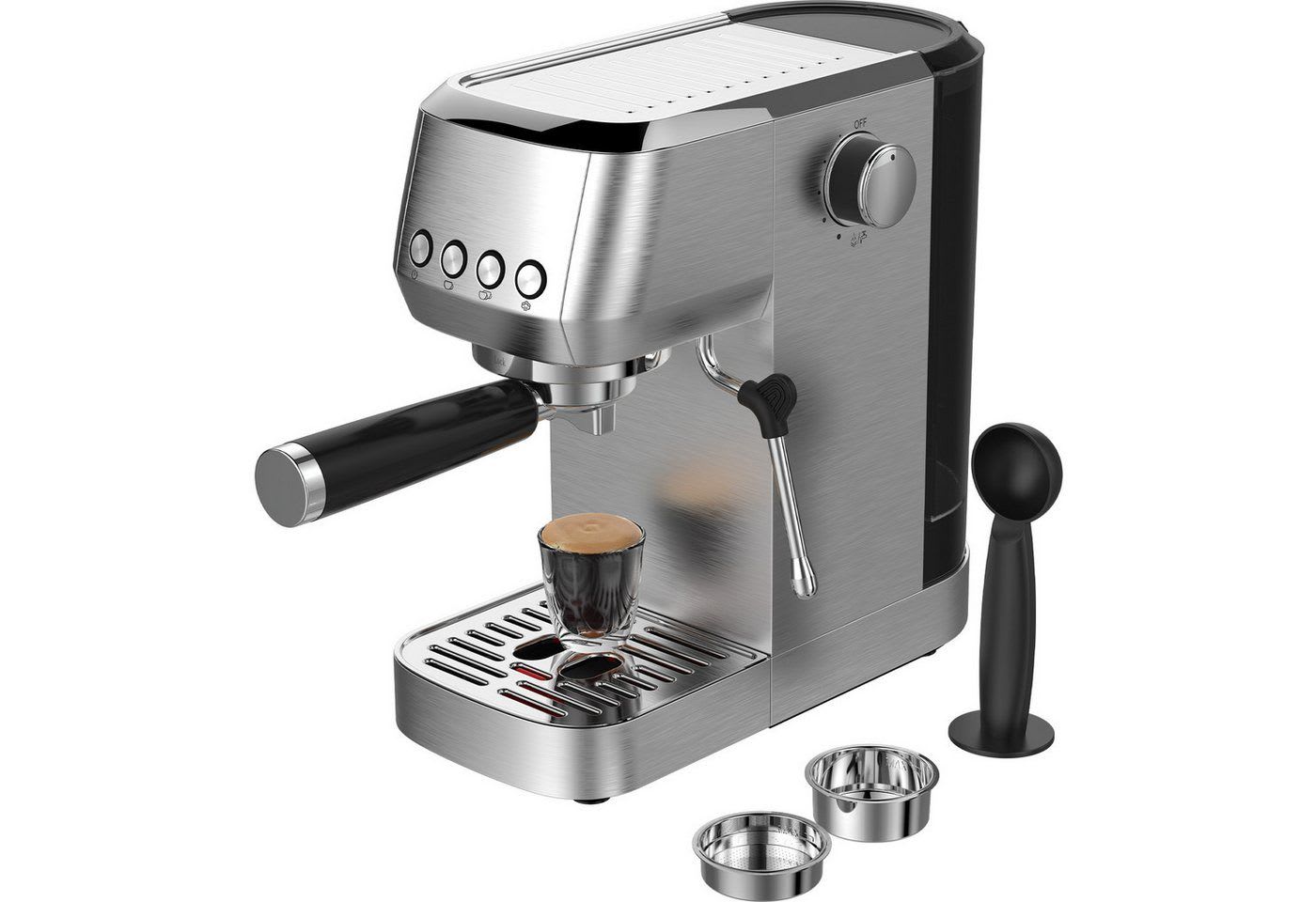 AIMAX Espressomaschine Siebträgermaschine 20 Bar – Kaffeemaschine aus Edelstahl mit Milchaufschäumer, Klassische Tastensteuerung, Kaffeekanne, Edelstahlfilter 51mm, 1350 W, 1,3L Wassertank, für Espres