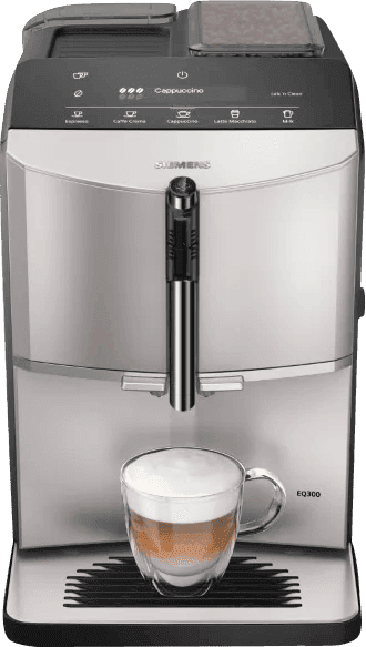 SIEMENS Kaffeevollautomat EQ300 TF303E07, viele Kaffeespezialitäten, OneTouch-Funktion, benutzerfreundliches Display, Keramikmahlwerk, silber metallic