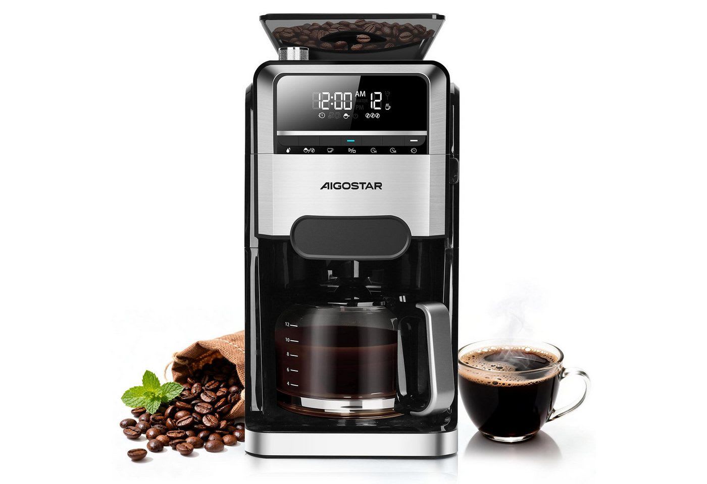Aigostar Kaffeemaschine mit Mahlwerk, 1.5l Kaffeekanne, Wiederverwendbare Filter, Warmhaltefunktion, Selbstreinigungsfunktion, Intelligente Erinnerung