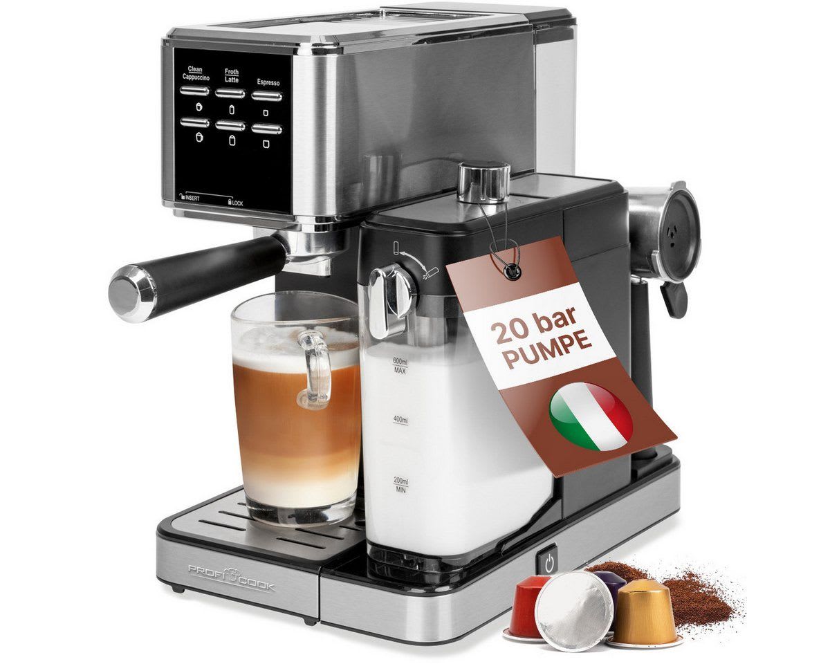ProfiCook Espressomaschine PC-ES-KA 1266, für Kaffeepulver und Nespresso kompatible Kapseln
