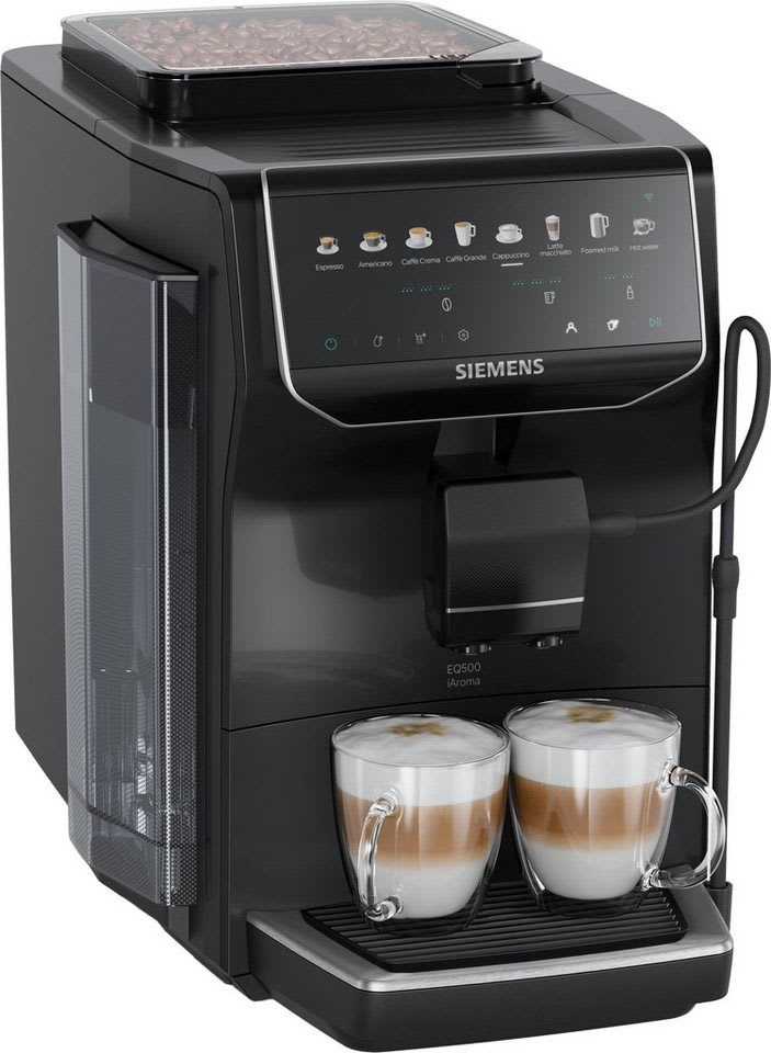 SIEMENS Kaffeevollautomat EQ500 TP553E09, Doppeltassenfunktion, 8 Getränke, einfache Reinigung, Keramikmahlwerk, entnehmbare Brüheinheit, Steuerung per App, Schwarz