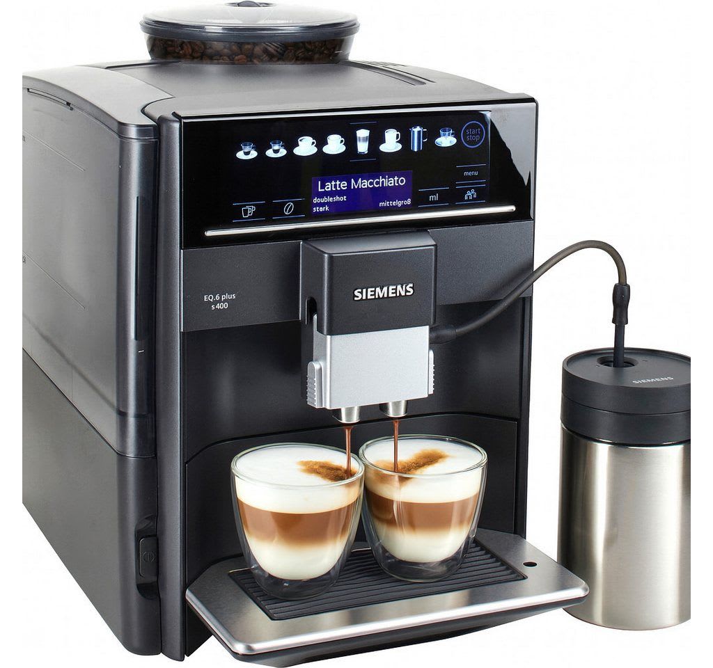 SIEMENS Kaffeevollautomat EQ6 plus s400 TE654509DE, Doppeltassenfunktion, Keramikmahlwerk, viele Kaffeespezialitäten, automatische Dampfreinigung, saphirschwarz