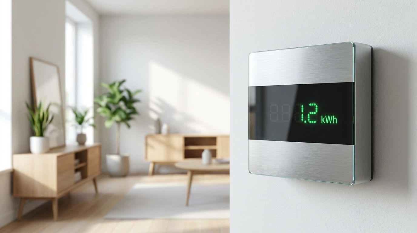 Ein smartes Strommessgerät an der Wand, das hilft, eine Stromverbrauch Geräte Tabelle zu erstellen und die Energiekosten effektiv zu senken.