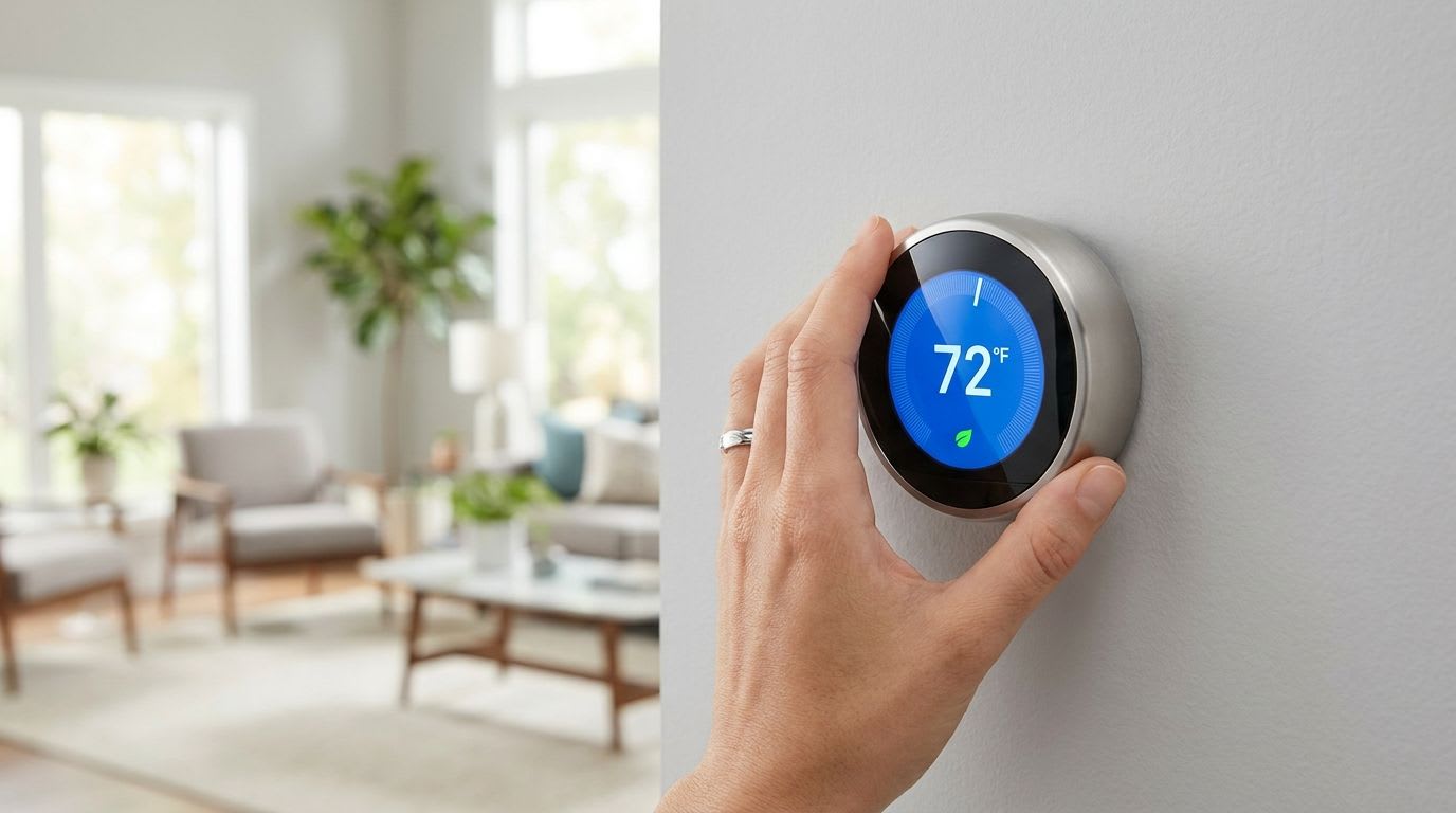 Ein smartes Heizkörperthermostat wird per Hand eingestellt, um den Energieverbrauch zu optimieren und die Stromkosten im Haushalt zu senken.