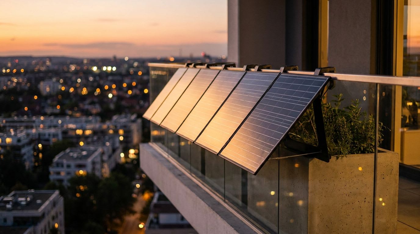 Ein modernes Balkonkraftwerk in der Abendsonne, das die Frage 'Lohnt sich Solarstrom vom Balkon?' stimmungsvoll illustriert.