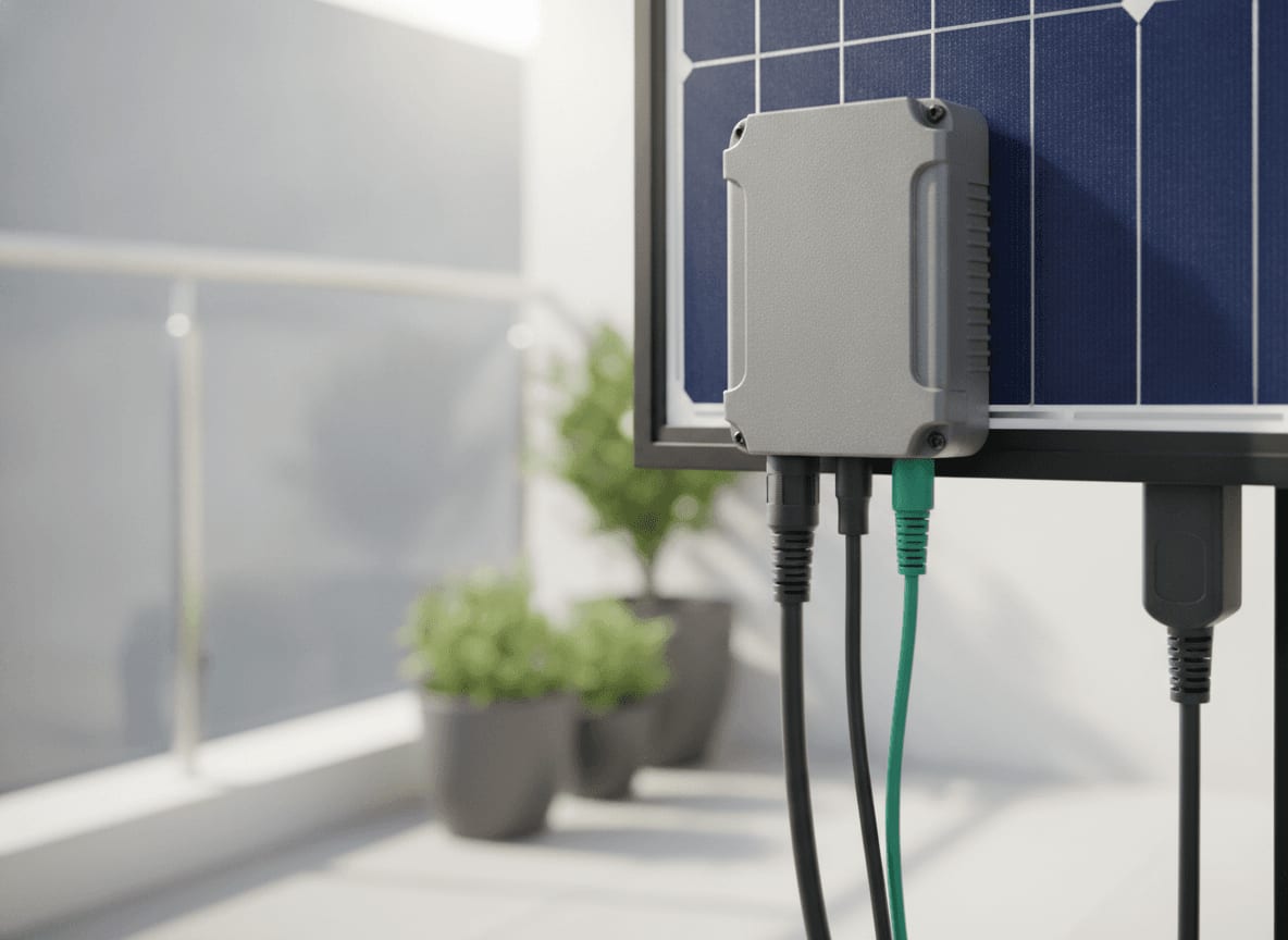 Detailansicht eines Mikro-Wechselrichters an einem Solarmodul, der Gleichstrom für das Balkonkraftwerk umwandelt.
