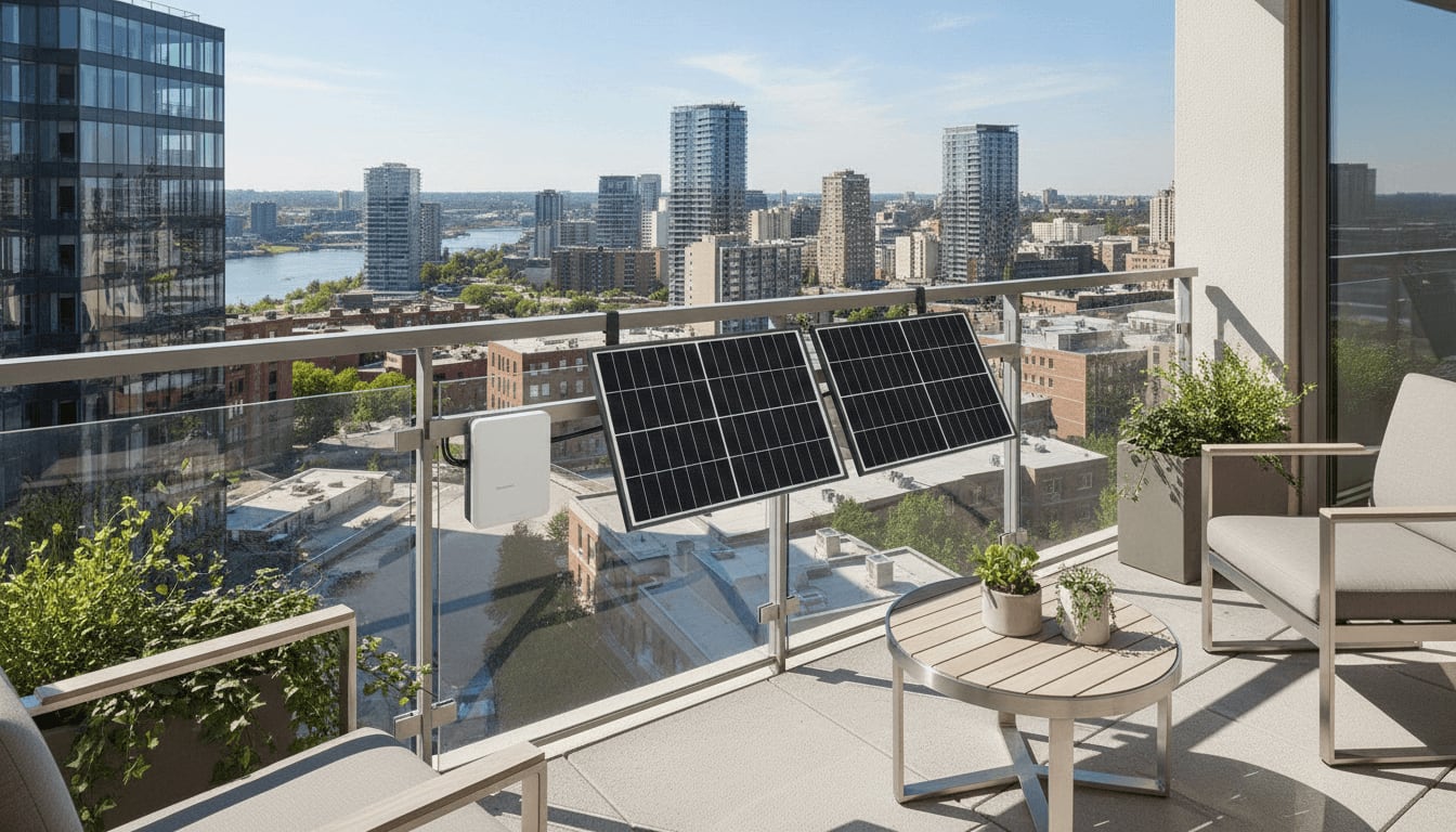 Ein stilvolles Balkonkraftwerk mit zwei Solarmodulen, das die langfristige Investition in Solarstrom vom Balkon darstellt.
