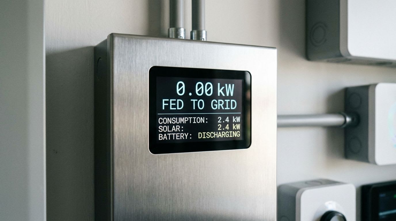 Ein Smart Meter zeigt den Photovoltaik-Eigenverbrauch ohne Netzeinspeisung an, die Anzeige für die Einspeisung steht auf Null.