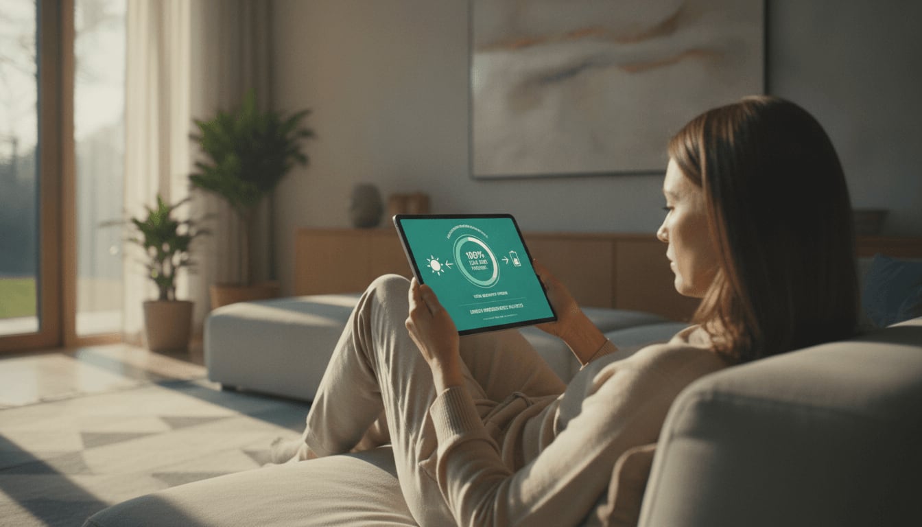 Maximaler Photovoltaik-Eigenverbrauch ohne Netzeinspeisung dank intelligenter Steuerung per Tablet im modernen Wohnzimmer.