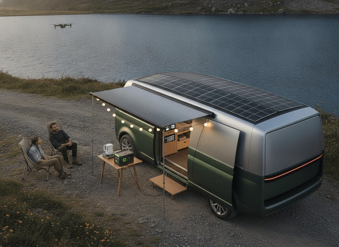 Mobile Inselanlage auf einem Wohnmobil ermöglicht den autarken Photovoltaik-Eigenverbrauch beim Campen in der Natur.