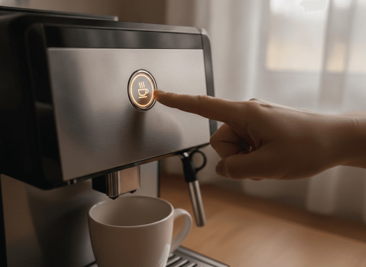 Ein Finger wählt an der Coffee B Maschine die gewünschte Wassermenge aus, um den Kaffee laut Anleitung individuell anzupassen.