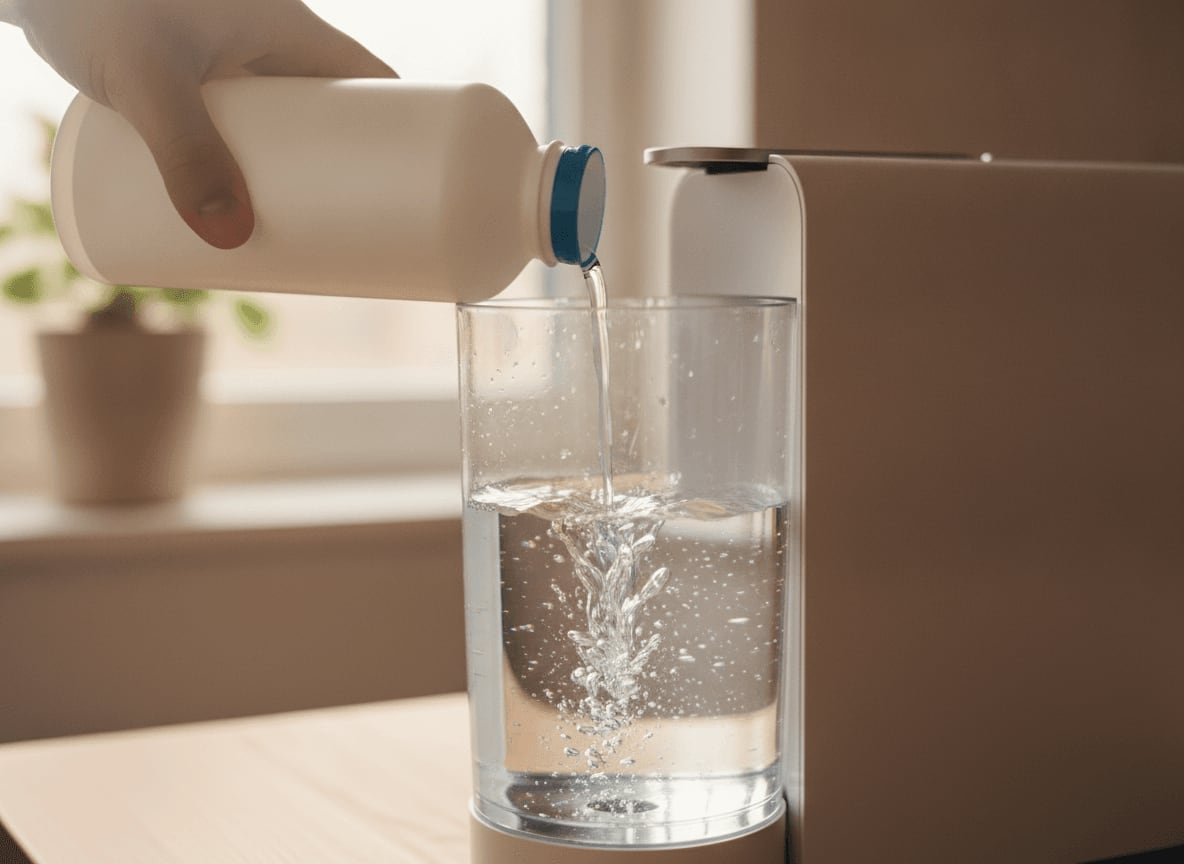 Eine Hand gießt Entkalkerlösung in den Wassertank der Coffee B Maschine, ein wichtiger Schritt der Reinigungs-Anleitung.