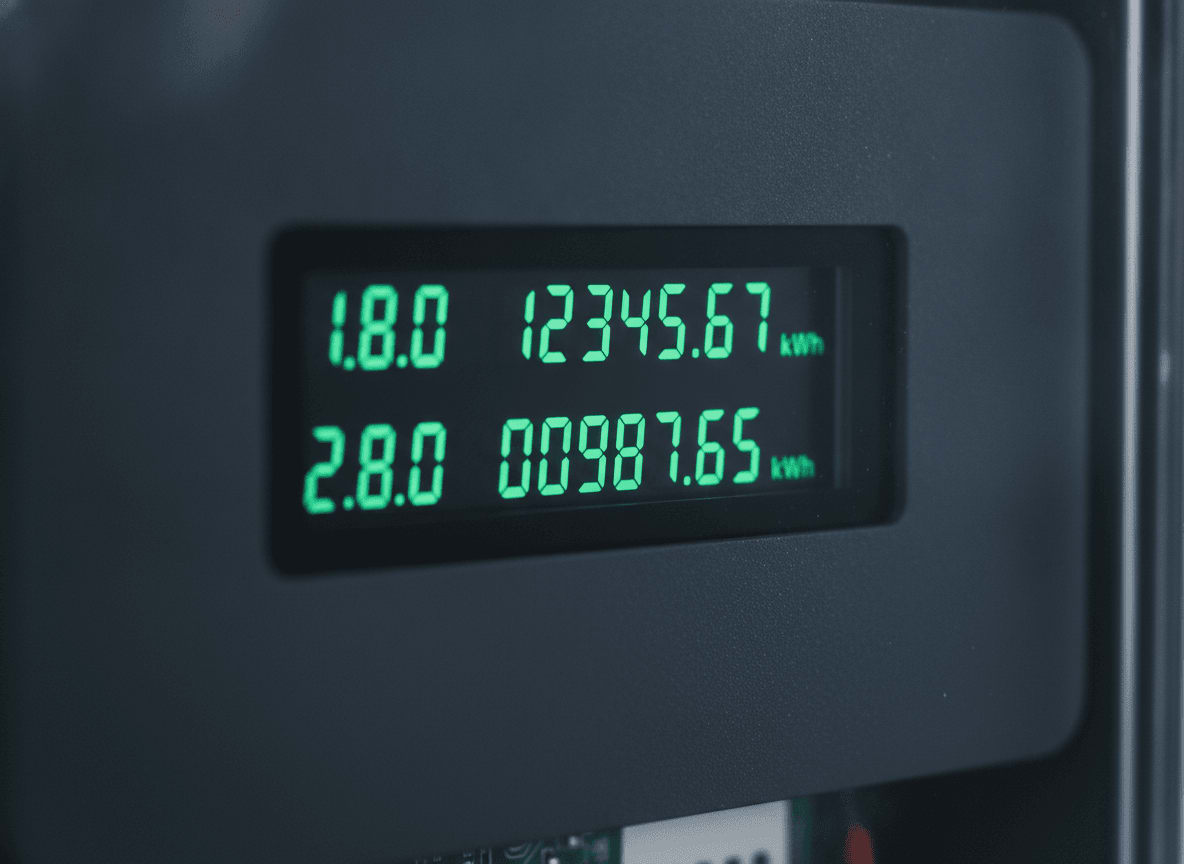 Nahaufnahme eines digitalen Stromzählers, der die Zählerstände für den Photovoltaik Eigenverbrauch mit den Codes 1.8.0 und 2.8.0 anzeigt.