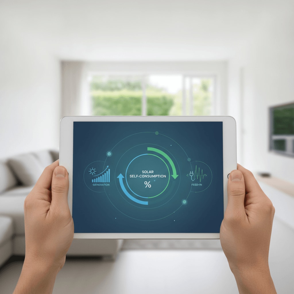 Zählerstände verstehen: Berechnung vom Photovoltaik Eigenverbrauch in einer Energie-App auf einem Tablet-Display.