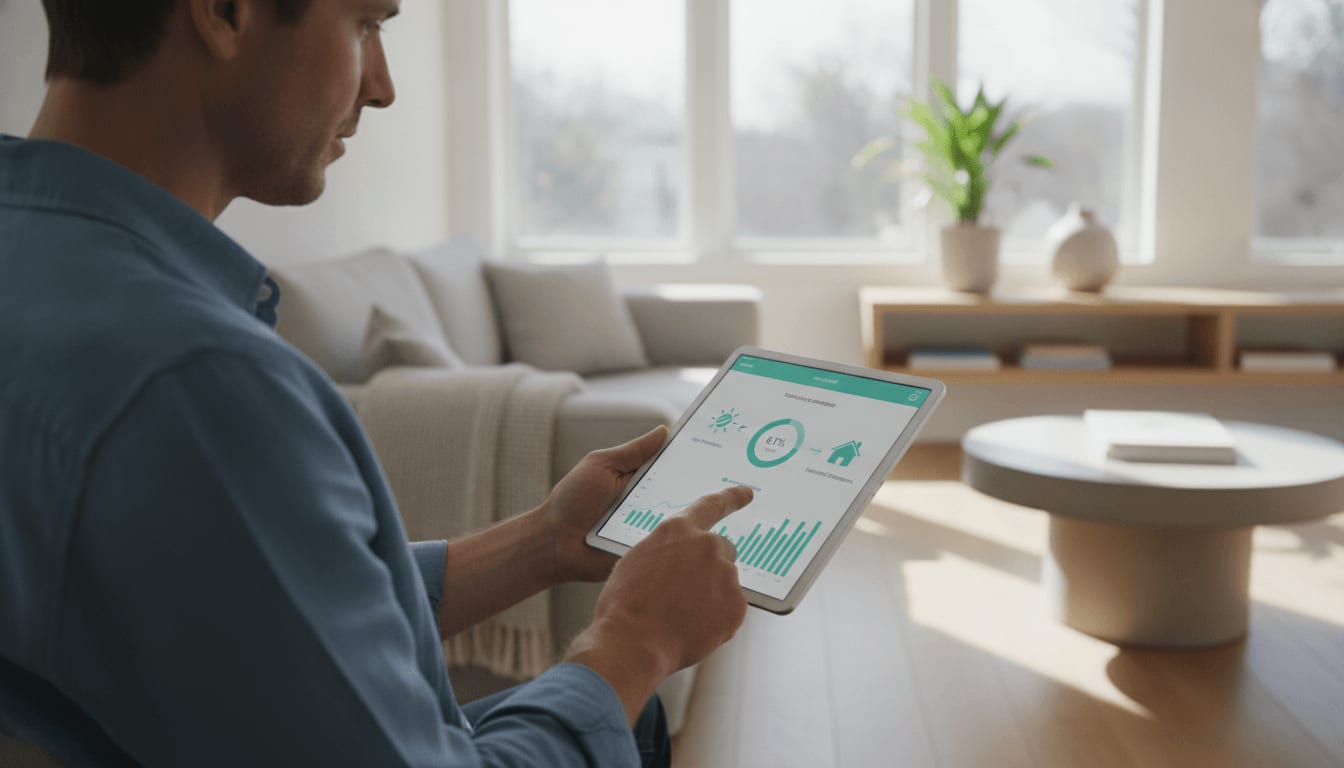 Ein Energiemanagementsystem auf einem Tablet optimiert den Photovoltaik Eigenverbrauch durch smarte Steuerung von Geräten.
