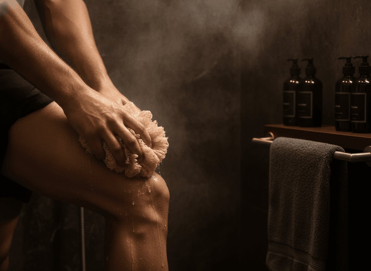 Die richtige Vorbereitung für das schmerzfreie Epilieren: Eine Frau peelt sanft ihr Bein mit einem Luffaschwamm in der Dusche.