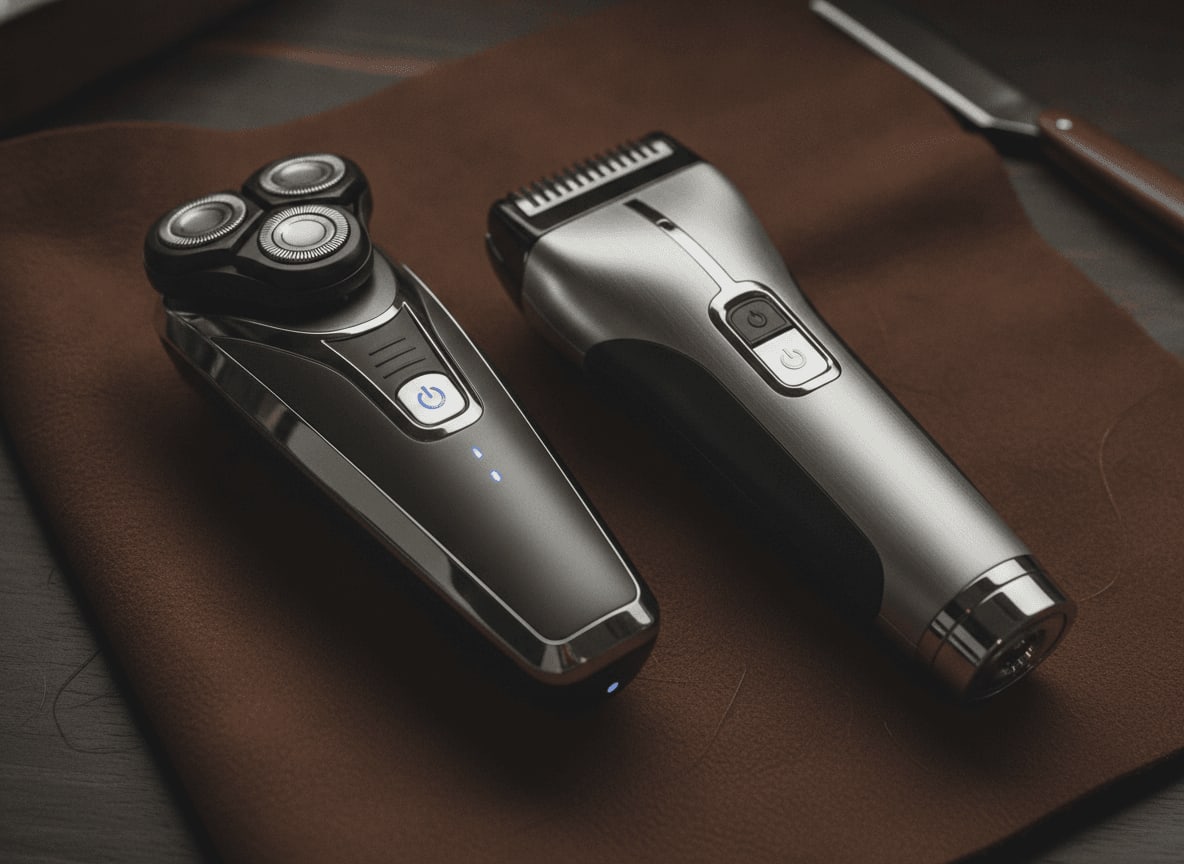 Design-Vergleich von Braun Series 9 und Series 8 auf Leder, der die exzellente Haptik und Wertigkeit zeigt.