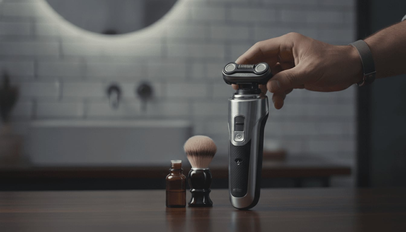 Ein Mann wechselt den Scherkopf eines Braun Series 9, was die Kompatibilität zwischen Sport und Pro Modellen illustriert.
