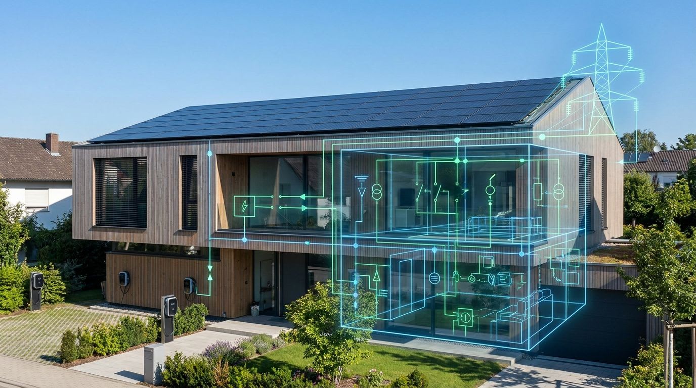 Übersichtsschaltplan nach VDE-AR-N 4105 über einer modernen Photovoltaikanlage, der die komplexen Anschlussanforderungen visualisiert.