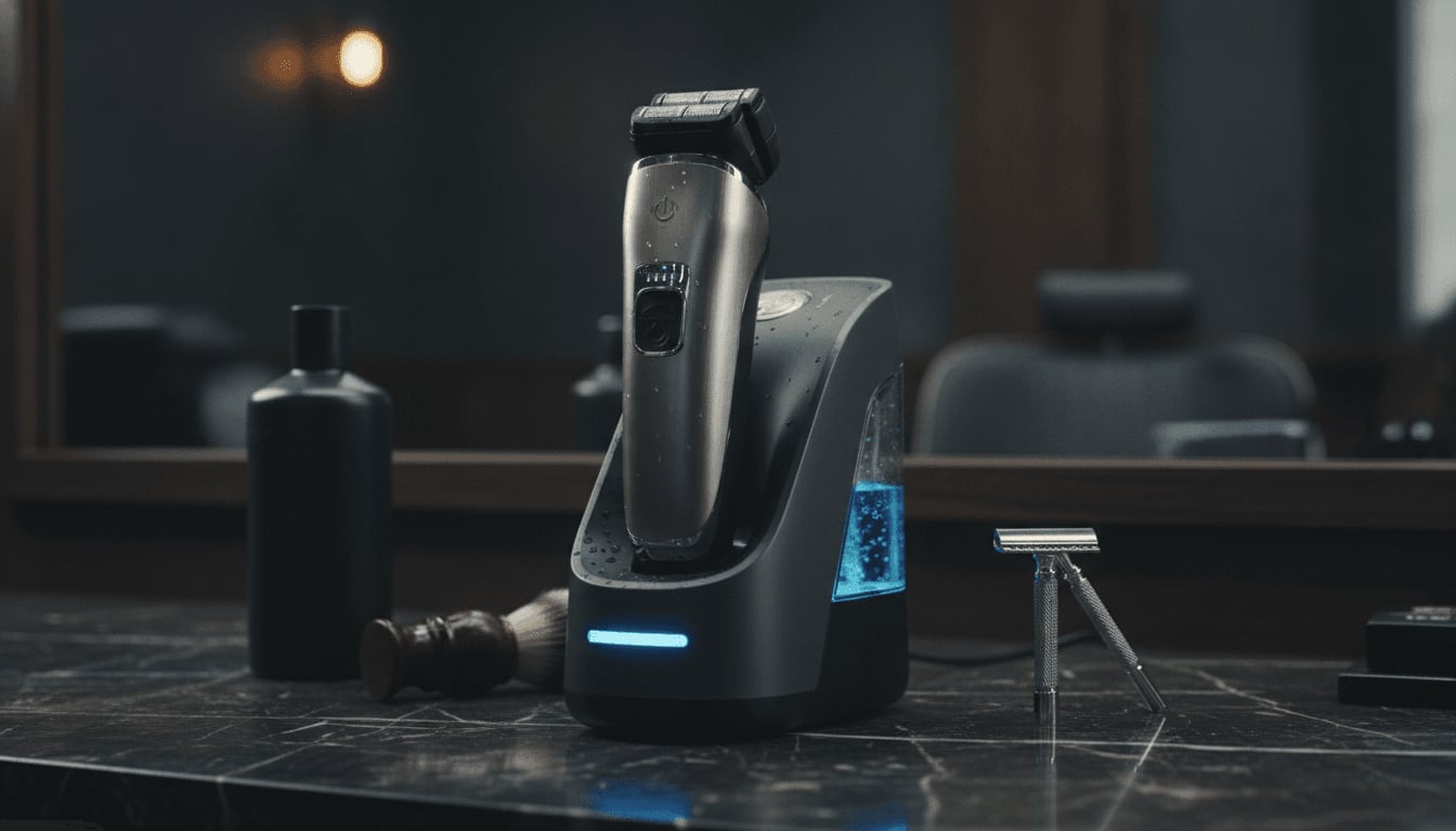 Ein Braun Series 9 Pro in der Reinigungs- und Ladestation, ein wichtiger Aspekt für die Pflege und Langlebigkeit des Rasierers.