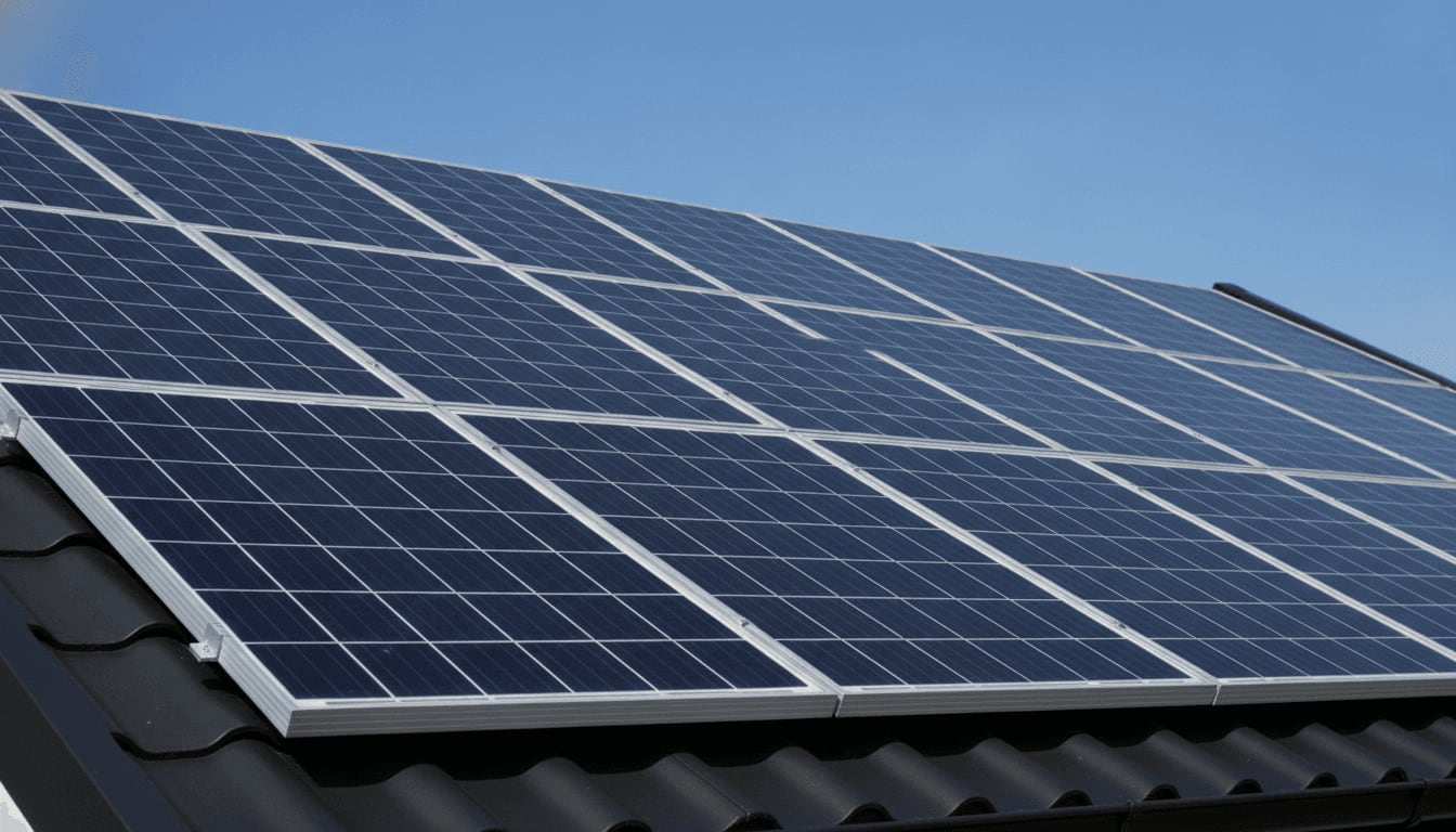 Solarmodule auf einem modernen Hausdach als Kernkomponente im Übersichtsschaltplan einer PV-Anlage ohne Speicher.