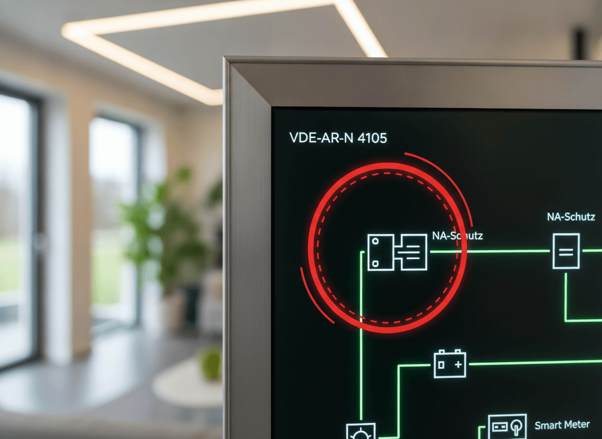Häufiger Fehler im Übersichtsschaltplan nach VDE-AR-N 4105: Eine falsche Darstellung des wichtigen Netz- und Anlagenschutzes (NA-Schutz).