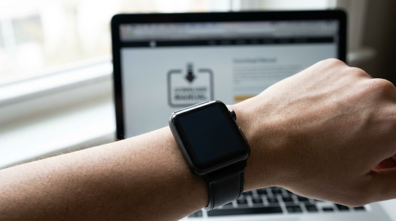 Eine Person sucht die Galaxy Watch Bedienungsanleitung als PDF auf einer Support-Website, die Smartwatch ist am Handgelenk zu sehen.