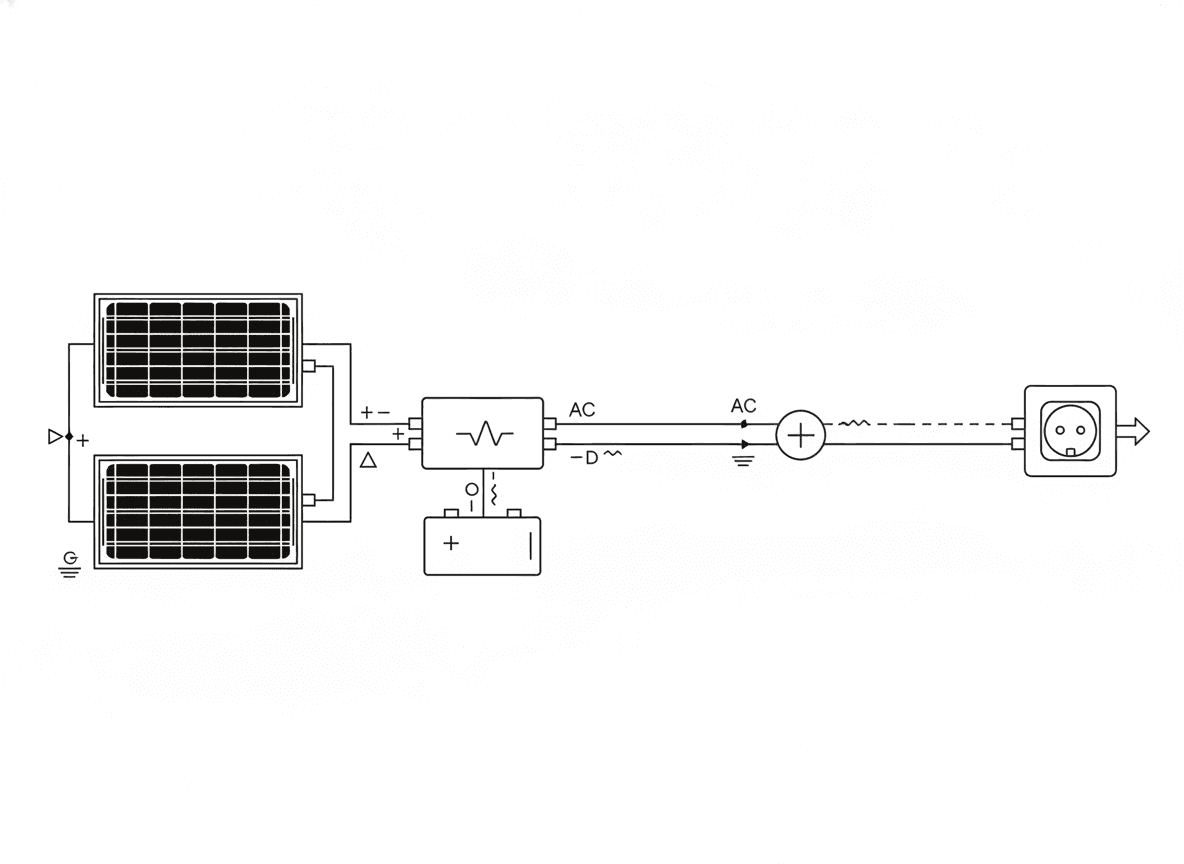 Ein VDE-AR-N 4105 konformer Übersichtsschaltplan für ein Balkonkraftwerk mit Speicher als technische Zeichnung.