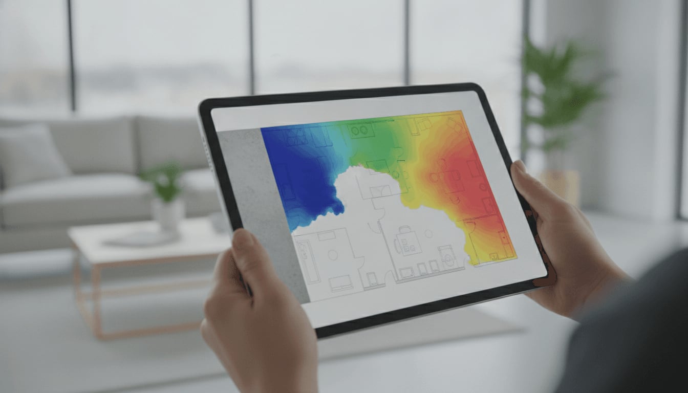 Eine WLAN-Heatmap auf einem Tablet zeigt Funklöcher hinter einer Betondecke, um das Signal gezielt zu verstärken.