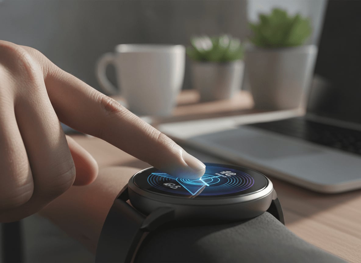 Hand interagiert mit einer Galaxy Watch, um Zifferblätter anzupassen, wie in der PDF-Anleitung beschrieben.