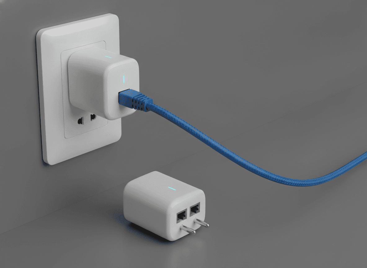 Zwei Powerline-Adapter, die das WLAN-Signal über die Stromleitung leiten und so Betondecken umgehen.