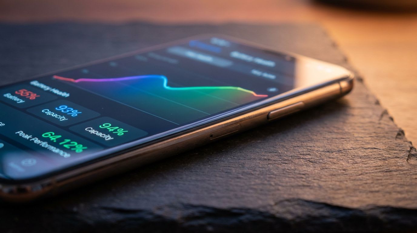 Ein modernes Samsung Smartphone zeigt eine Akkuzustands-Grafik, die das Thema Samsung Akku kalibrieren und Akkupflege illustriert.