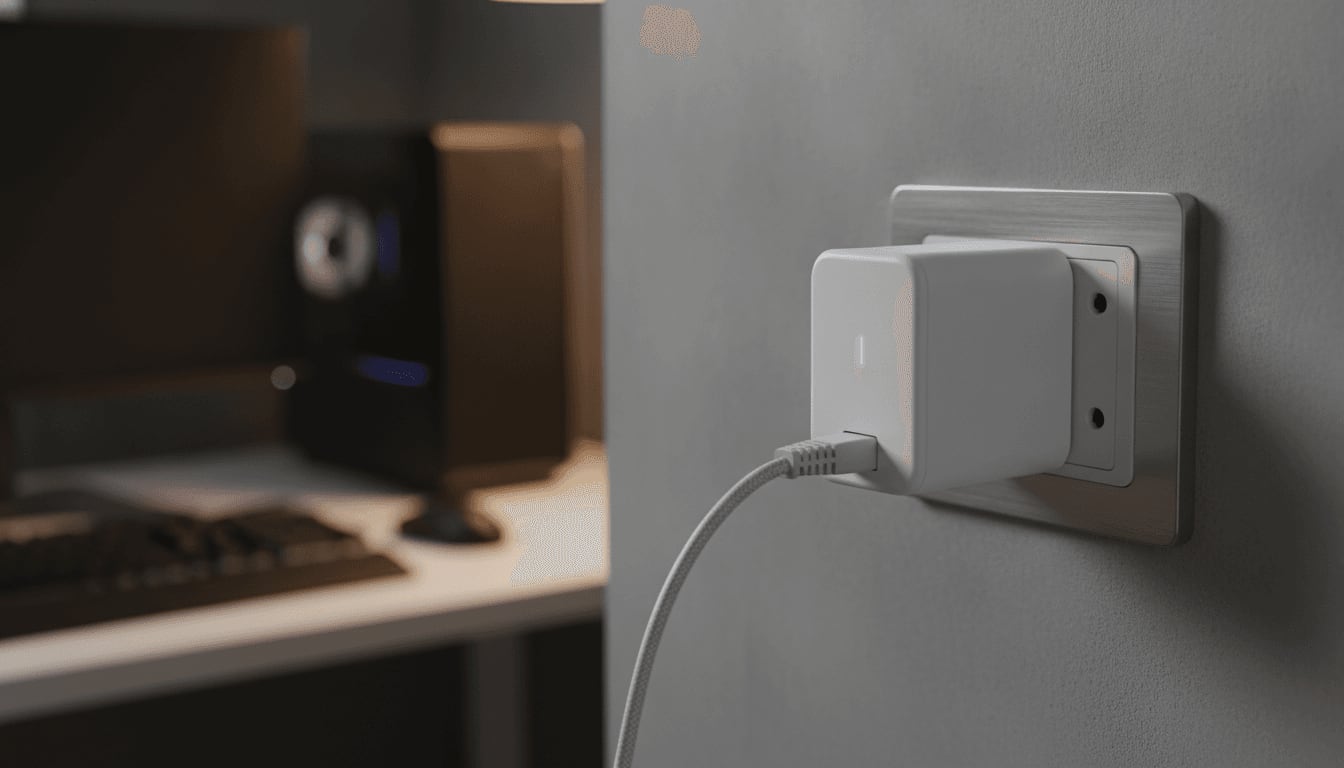 Ein Powerline-Adapter in der Steckdose leitet das Netzwerksignal über die Stromleitung, um WLAN durch eine Betondecke zu verstärken.