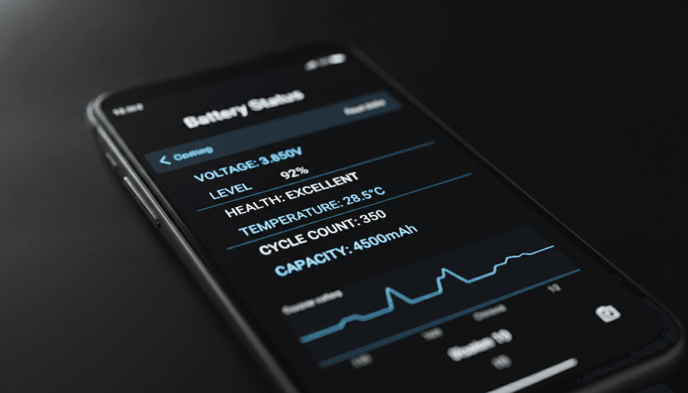 Nahaufnahme eines Samsung-Displays mit dem Diagnose-Menü *#0228# zur Synchronisation der Akku-Anzeige, nicht zum Kalibrieren.