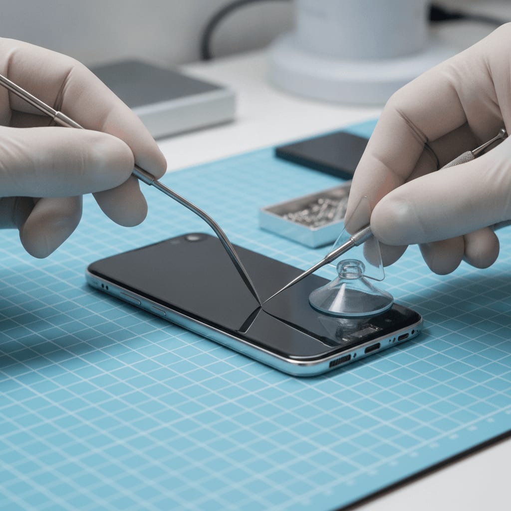 Technikerhände öffnen ein Samsung Smartphone mit Spezialwerkzeug für einen professionellen Akkuwechsel in einer Werkstatt.