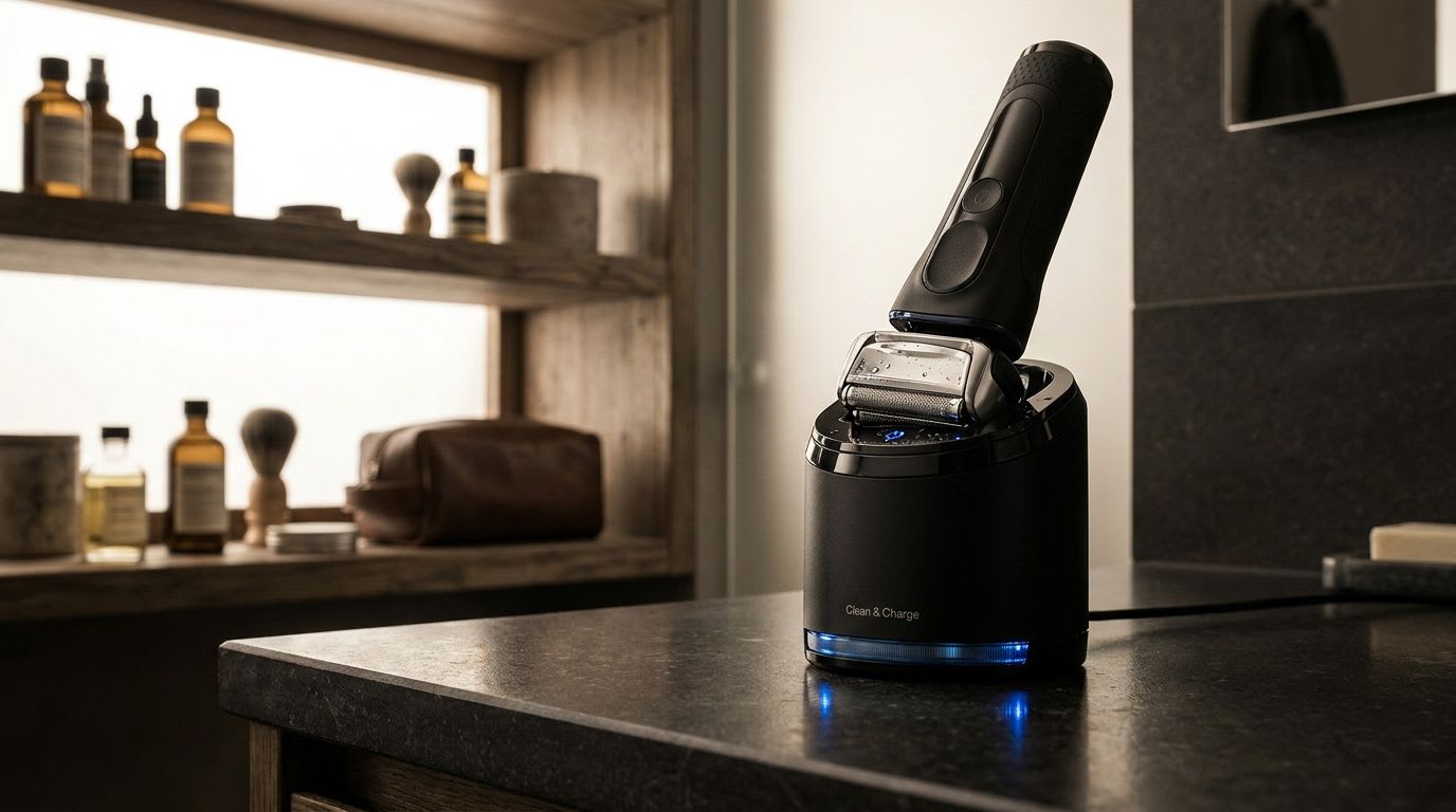 Ein Elektrorasierer wird in eine Braun Clean & Charge Station eingesetzt, deren blaue LEDs den Reinigungsvorgang anzeigen.